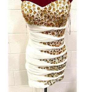 Terani Couture White Formal Strapless Dress with Amazing Gold Beading - Size 8